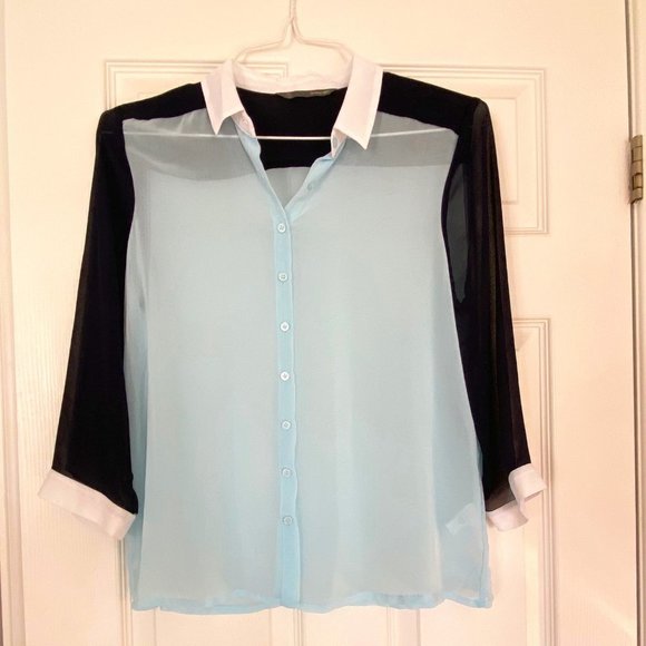 Sheer Spring 2 tone blue blouse Sz L - Picture 1 of 6
